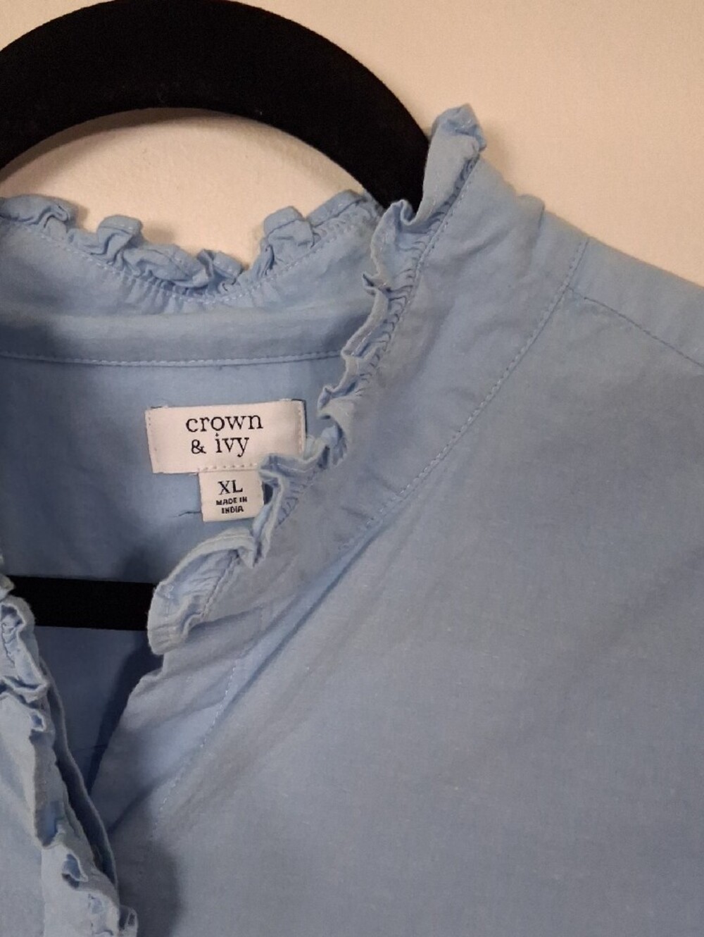 crown & ivy Sky Blue Ruffle-Neck Button Top - Picture 2 of 9